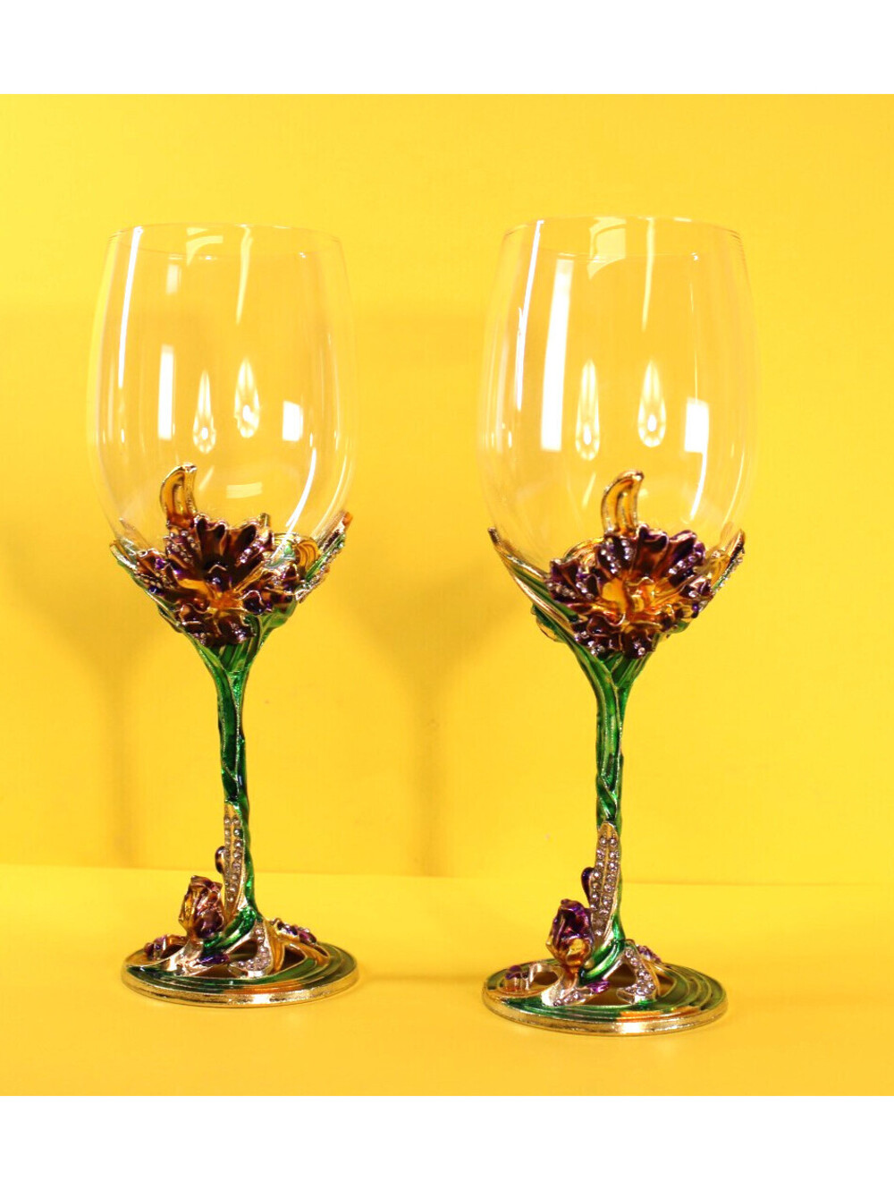 NIB Swarovski Cyrstalline Hand Enameled Stem Iris Crystal Wine Glasses Set of 2